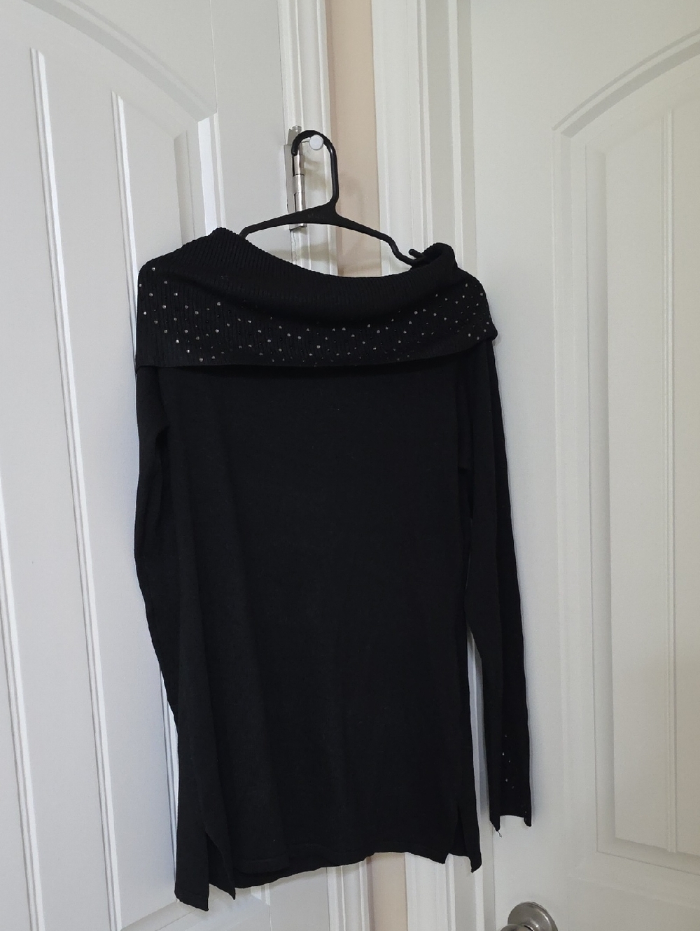Black Off-Shoulder Sweater with Embellished Collar